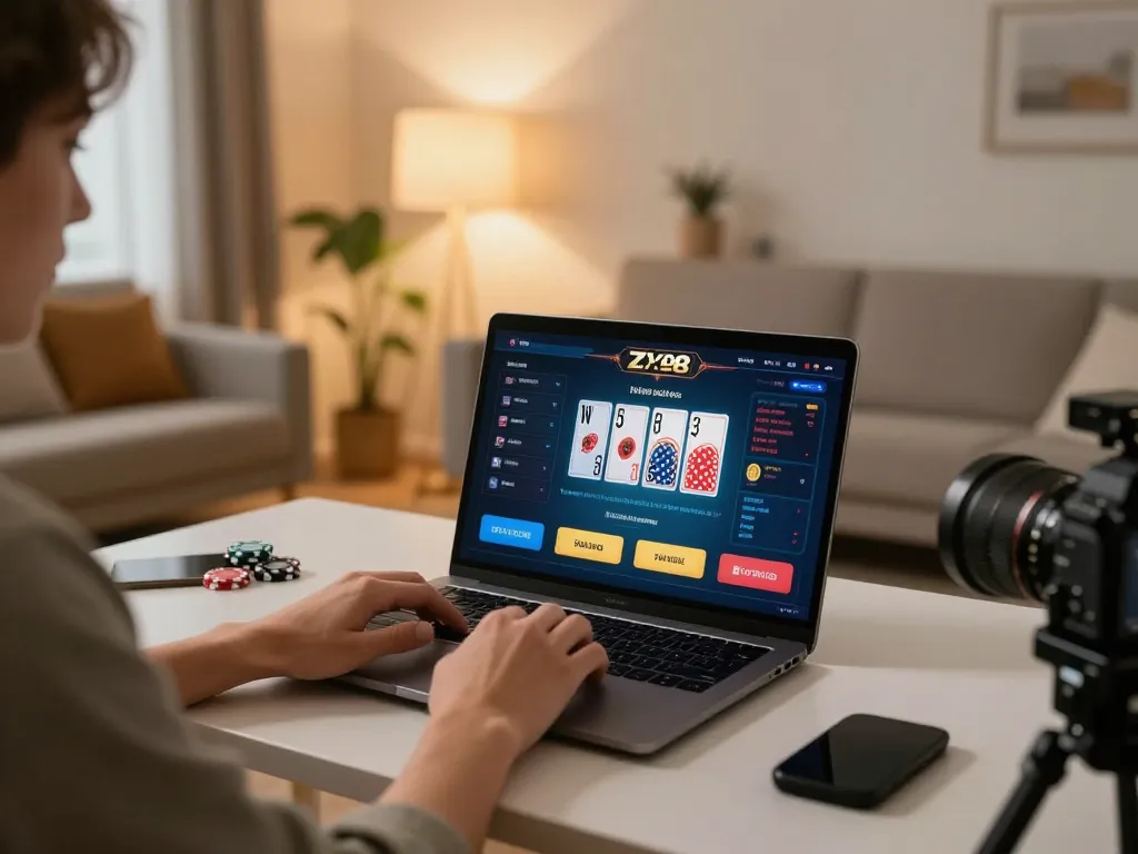 Engaging in ZX88 online casino gameplay on a laptop in a cozy home environment