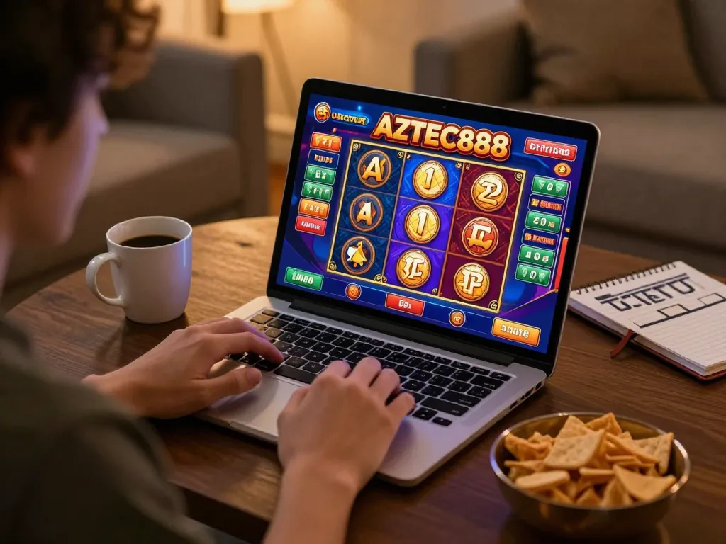 Playing AZTEC888 slots on a laptop in a cozy home atmosphere, highlighting dynamic gaming and strategy.