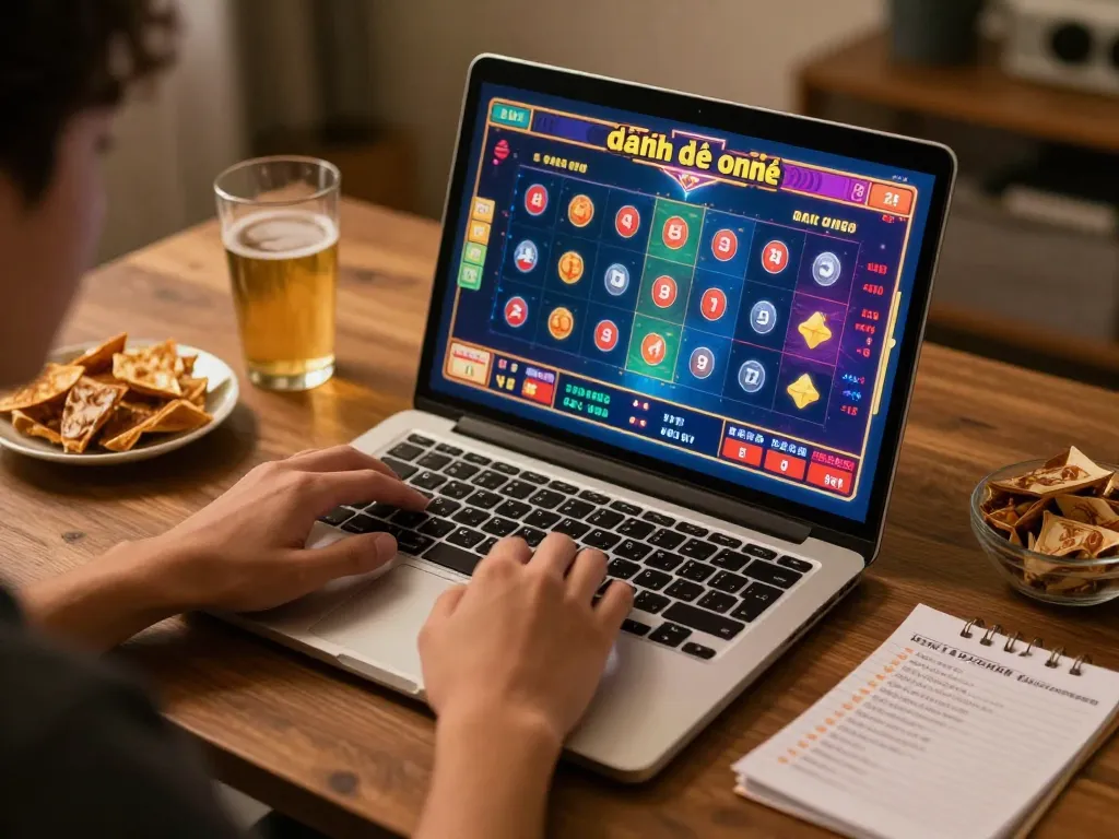 Engaging in đánh lô đề online with colorful game interface displayed on a laptop in a cozy setting.