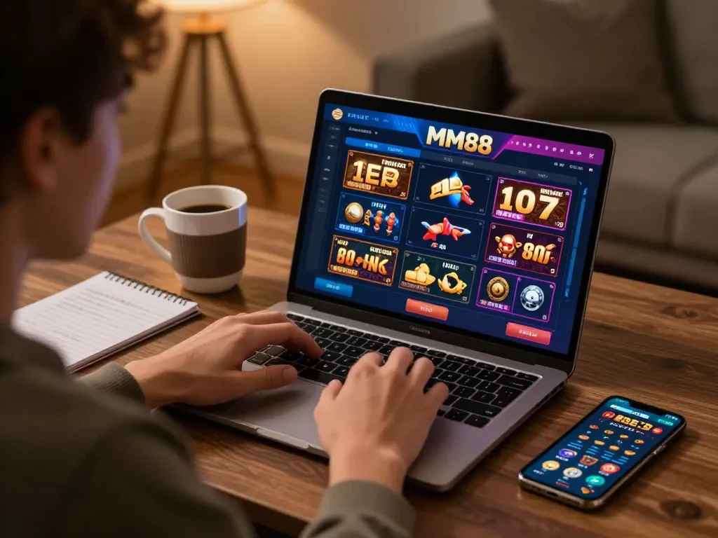 Player engaging with MM88 casino games on laptop, showcasing a strategic online gambling experience.