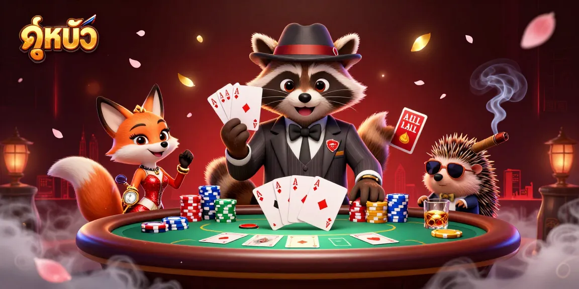 Engage in ดูหนัง online with captivating characters at a vibrant gambling table, featuring a royal flush hand.