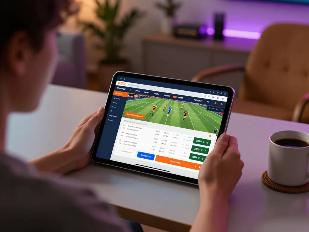 Engaged user placing a bet on bongdalu88 app during live sports event, cozy home setting illuminated in warm tones.