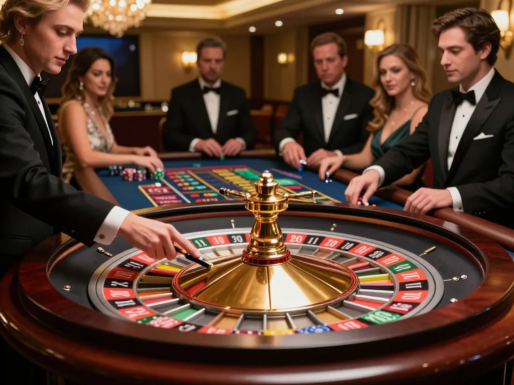 Engaging scene of nk88 players placing bets at a luxurious roulette table in live casino