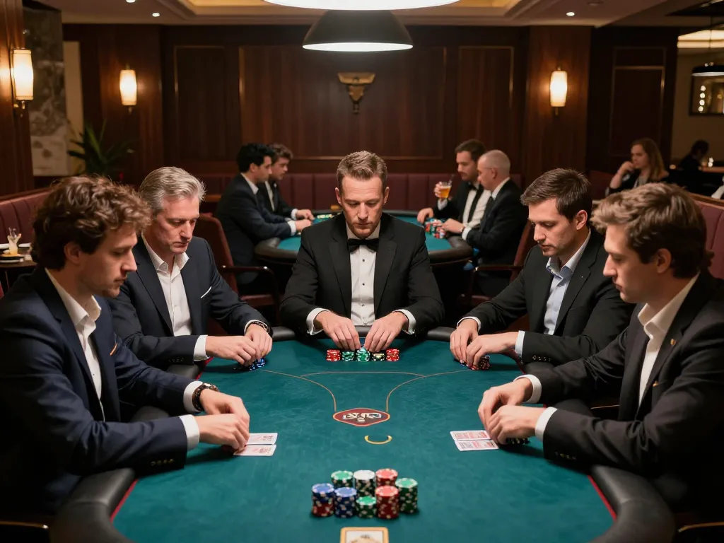 KJC players strategize in a high-stakes poker tournament with colorful chips