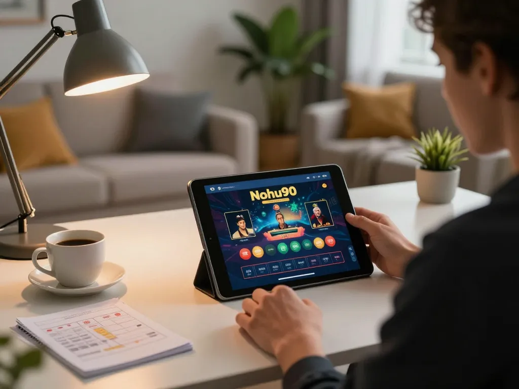 Nohu90 online gaming setup at home, showcasing a person strategizing with gambling notes and a tablet.