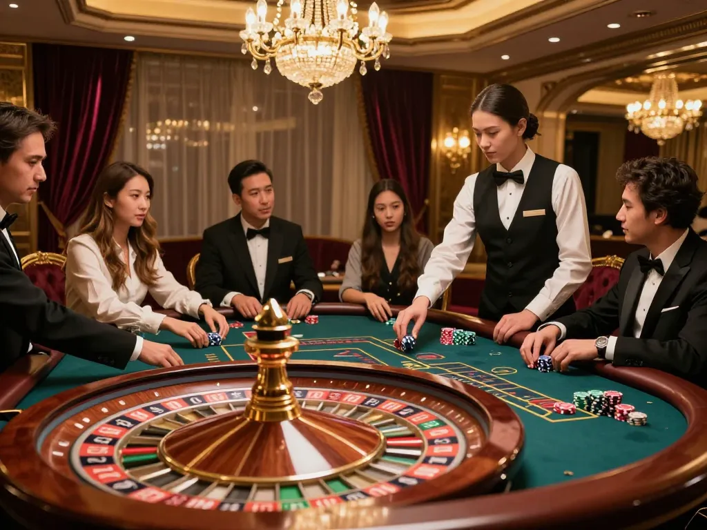 77WIN players enjoying a thrilling roulette game in a luxury casino, vibrant chips and engaged croupier.
