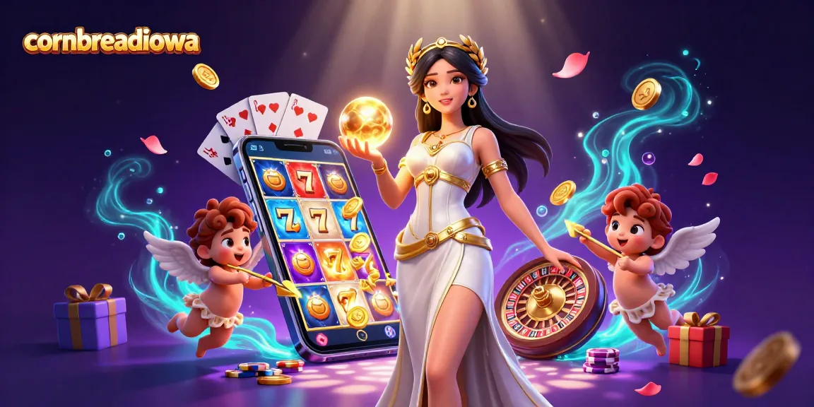 Cornbreadiowa showcases rich casino elements with a Grecian goddess and cherubs amidst a bustling gaming scene.