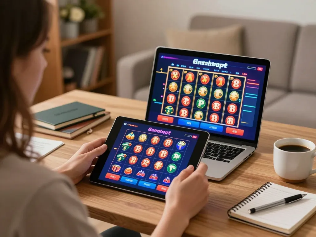 Engaged player using tablet for online casinos not on gamstop in a cozy living room.