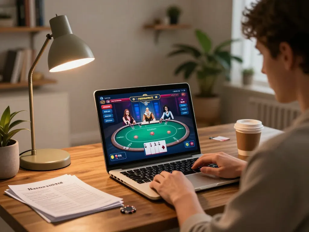 Person enjoying rikvip poker game on laptop in a cozy home setting with strategy notes visible