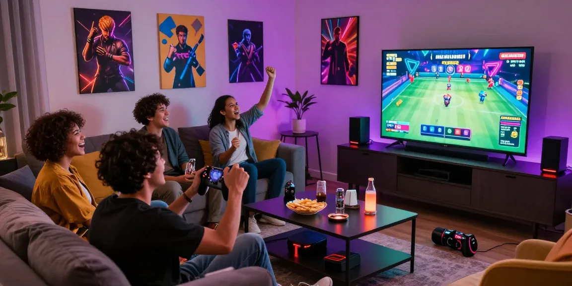 Friends enjoying pajaktoto togel gaming session in a vibrant living room.
