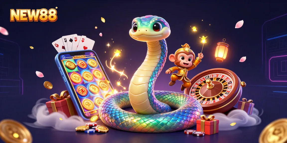 Engage with the vibrant gaming scene of NEW88 featuring action-packed casino elements and colorful characters.