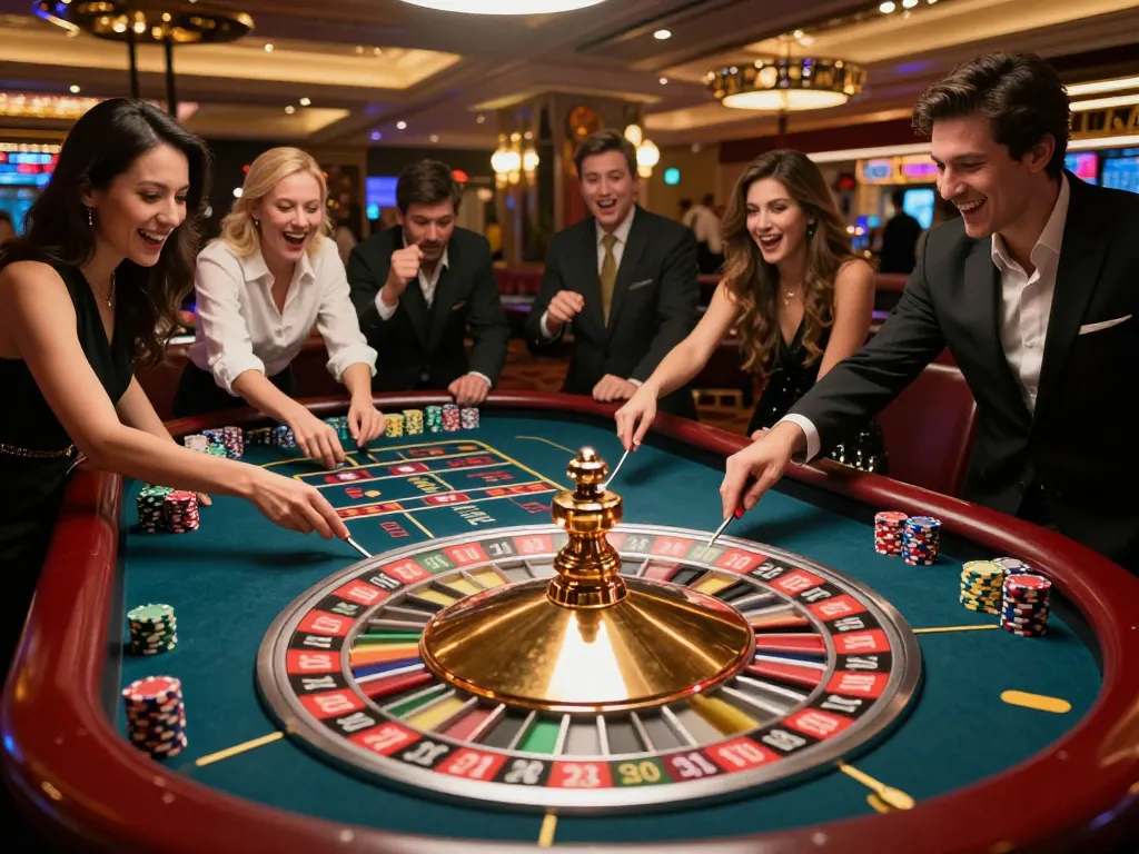 Players engage with the roulette wheel at HM88 casino, showcasing thrilling gambling moments and vibrant lights