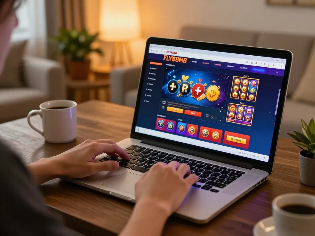 Engaging online casino gaming at fly88mb with lively poker and slots displayed on laptop screen.