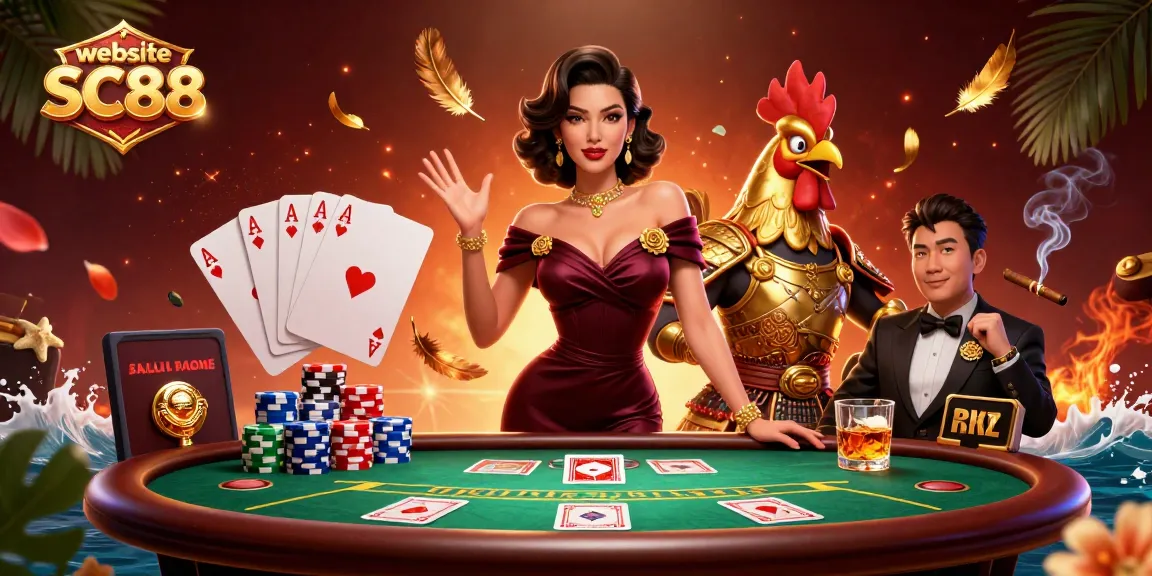 Engage in thrilling gameplay at website SC88 with vibrant casino graphics and card tables.