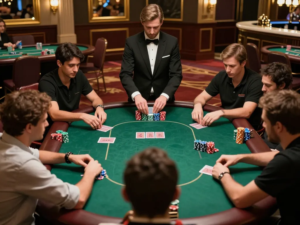 GO8 poker players strategizing in an upscale casino, intense focus on gameplay with colorful chips.