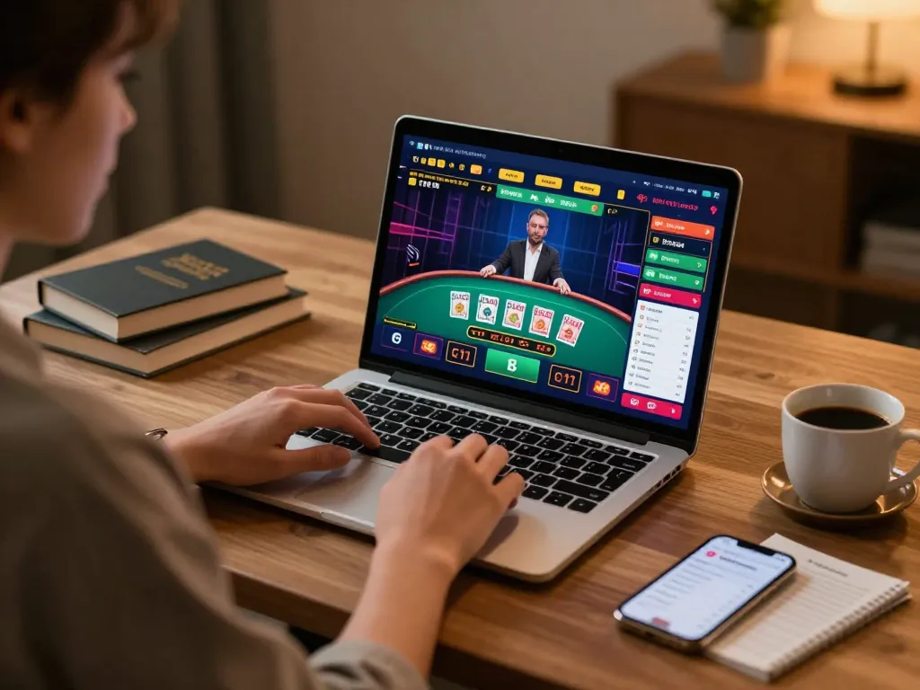 Engaging in online gambling at TR88 with a live dealer game displayed on a laptop.