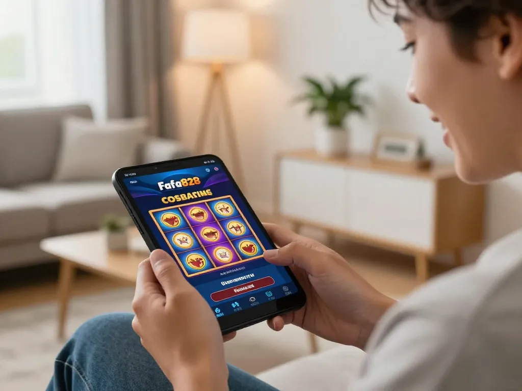Player enjoying FAFA828 mobile gaming experience with vibrant slot interface displayed