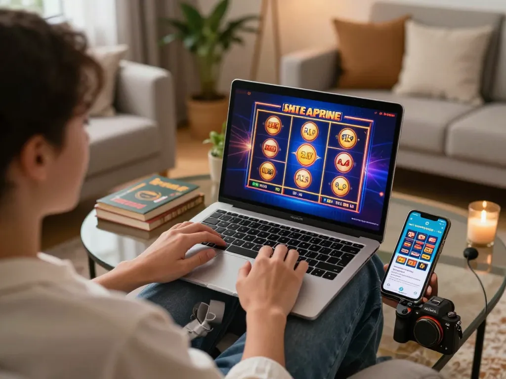Engaging with link vào f168 through playful online slot games in a cozy home setting.