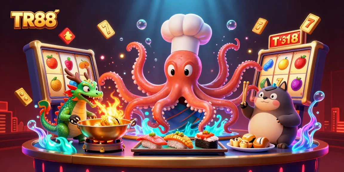 Experience the excitement of TR88 with golden prizes, slot reels, and dynamic casino action.