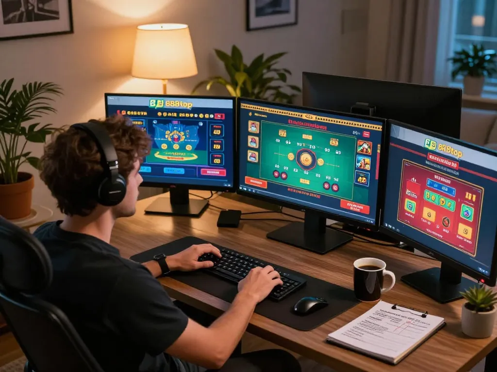 Player strategizing on 888top online casino game from a cozy home office.