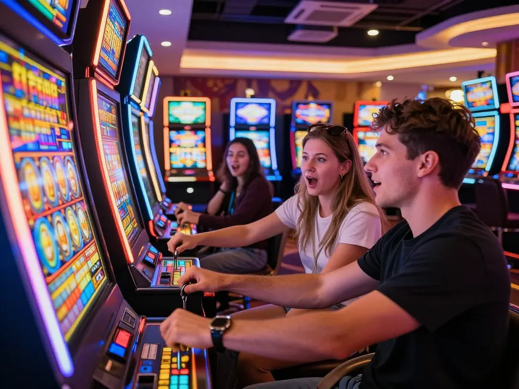 Engaged players enjoying slot gacor games with colorful displays and vibrant lighting in a lively casino.