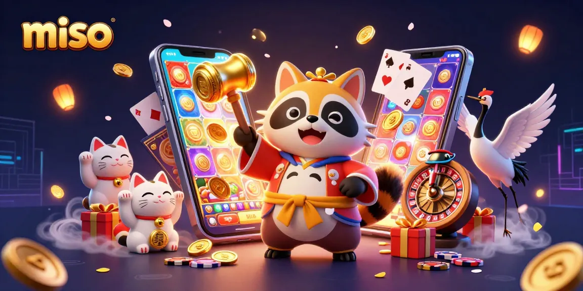 Win big at miso with a lively 3D casino scene featuring cheerful tanuki, fortune cats, and dynamic gambling elements.