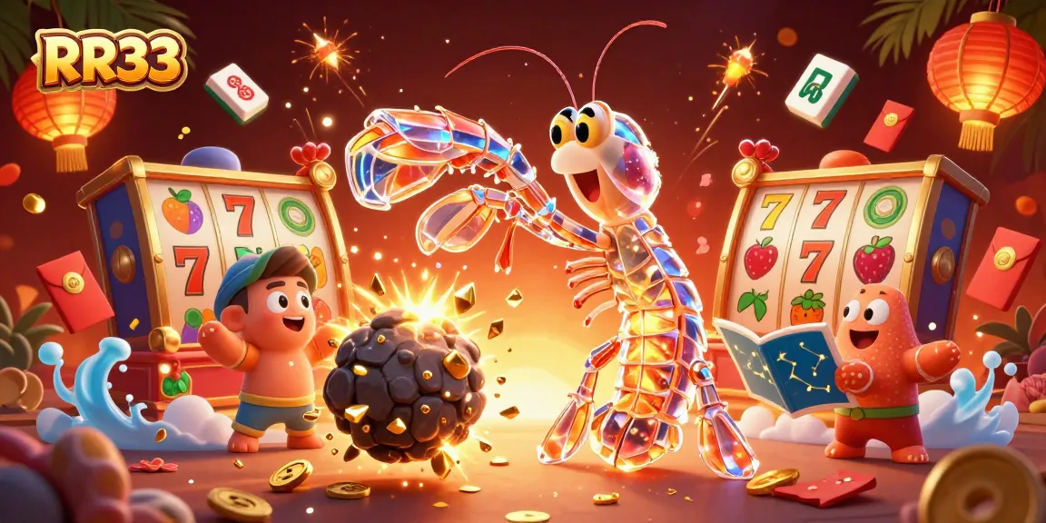 Play exciting slots at RR33 with a vibrant 3D illustration featuring a samurai shrimp, gems, and casino elements.