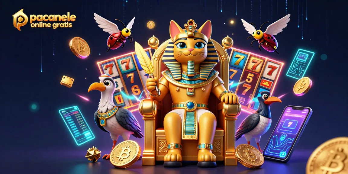 Joacă păcănele online gratis alături de o pisică faraon 3D și simboluri de jackpot în jur.