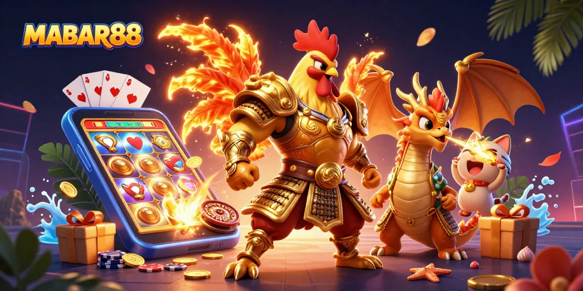 MABAR88 offers an exciting 3D illustration of dynamic casino characters amidst vibrant game elements.