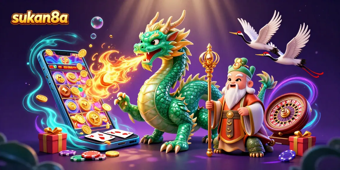 Engage with sukan8a's vibrant casino world, showcasing a dragon, turtle sage, and cranes in action.