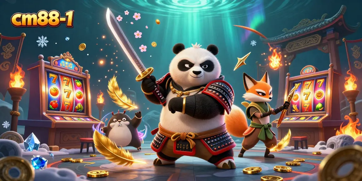 Engage with cm88-1 as a fierce samurai panda and ninja fox animate casino excitement amidst swirling gold coins.