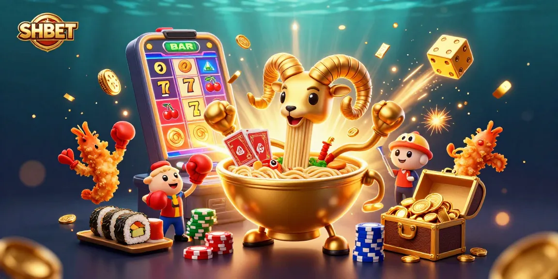 SHBET showcases a vibrant casino scene with a golden ramen bowl dealer and exciting gaming elements.
