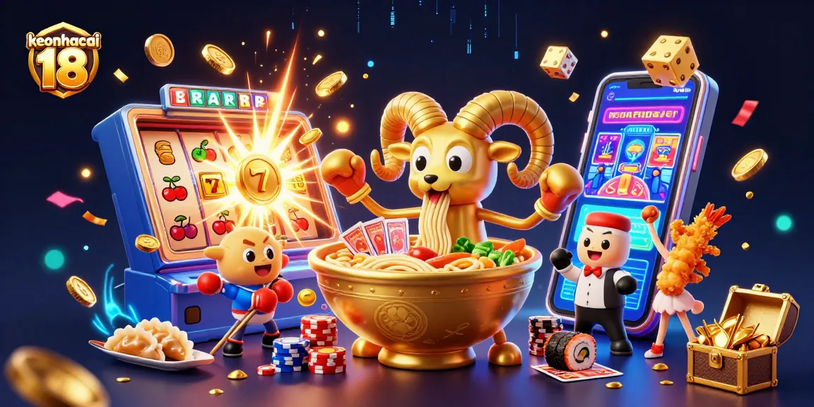 Engage with keonhacai 18, featuring a vibrant 3D casino scene with dynamic characters and winning symbols.