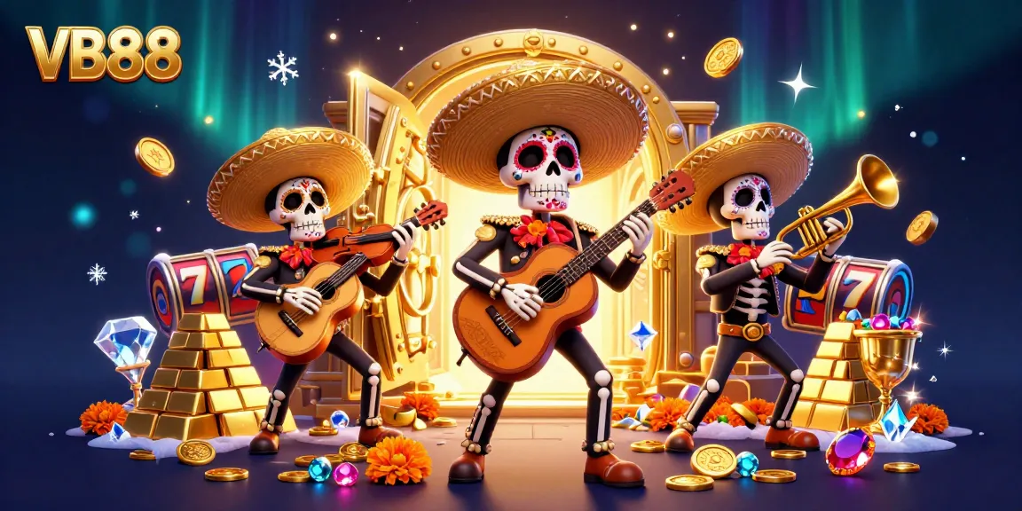 Play winning spins at VB88 online casino amidst vibrant 3D mariachi band and gold treasures.
