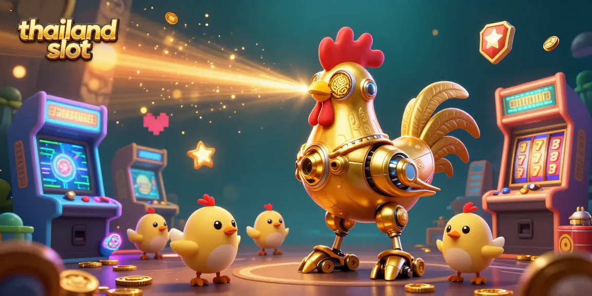 Play exciting thailand slot games with dynamic visuals featuring a golden rooster robot and floating game elements.