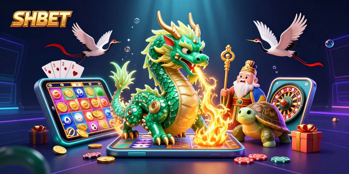 Experience SHBET's thrilling games with a vibrant 3D illustration showcasing dragon, turtle sage, and lucky cranes.