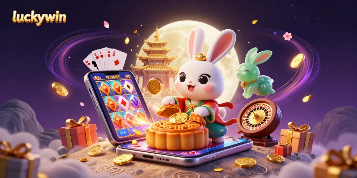 Feel the excitement with luckywin in an illustrated scene of a moon rabbit amidst casino elements and vibrant games.
