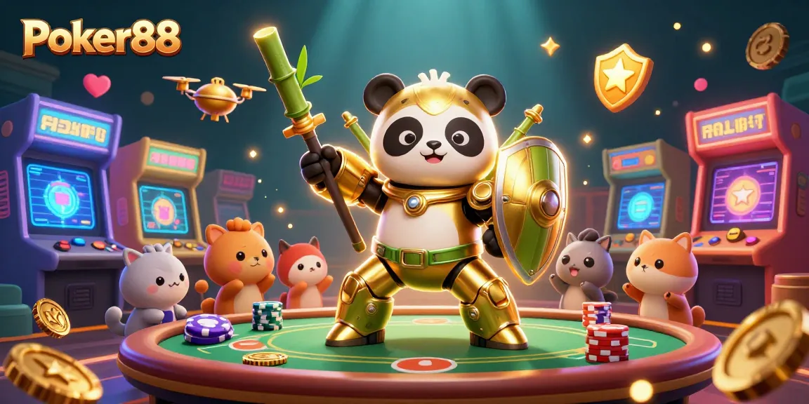 Experience thrilling Poker88 gameplay with the golden panda robot battling in a vibrant casino arena.