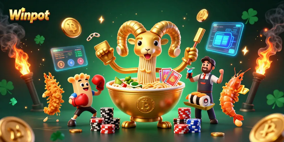 Winpot offers a vibrant casino scene with a giant ramen bowl character and dynamic crypto elements.