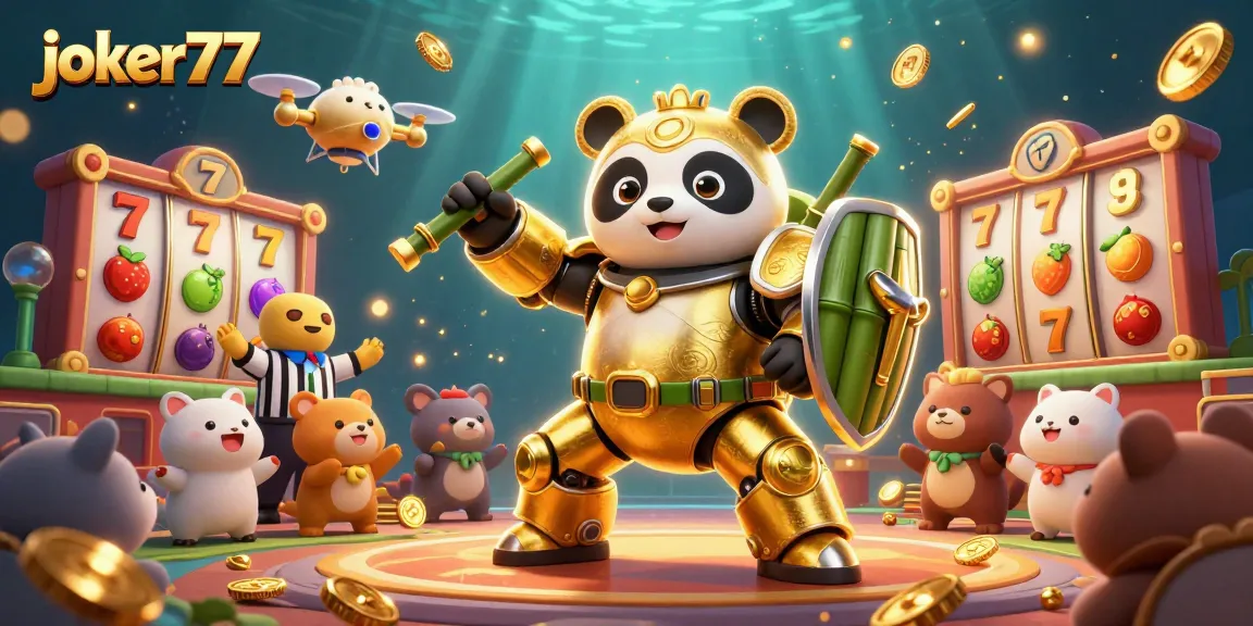 Experience thrilling wins at joker77 with vibrant slot reels, golden panda mech, and dynamic gaming energy.