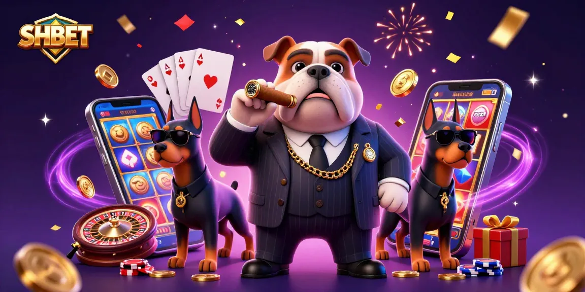 SHBET showcases an exciting dystopian casino scene featuring a mafia-themed bulldog and dynamic game elements.