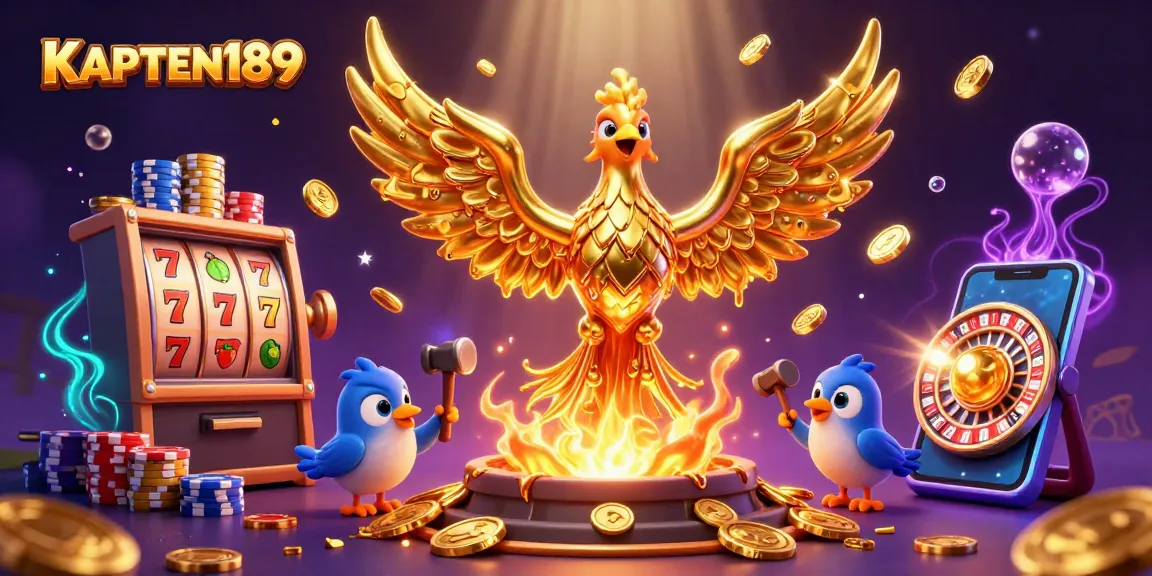 KAPTEN189 menawarkan slot online gacor dengan ilustrasi menarik phoenix emas dan simbol keberuntungan.
