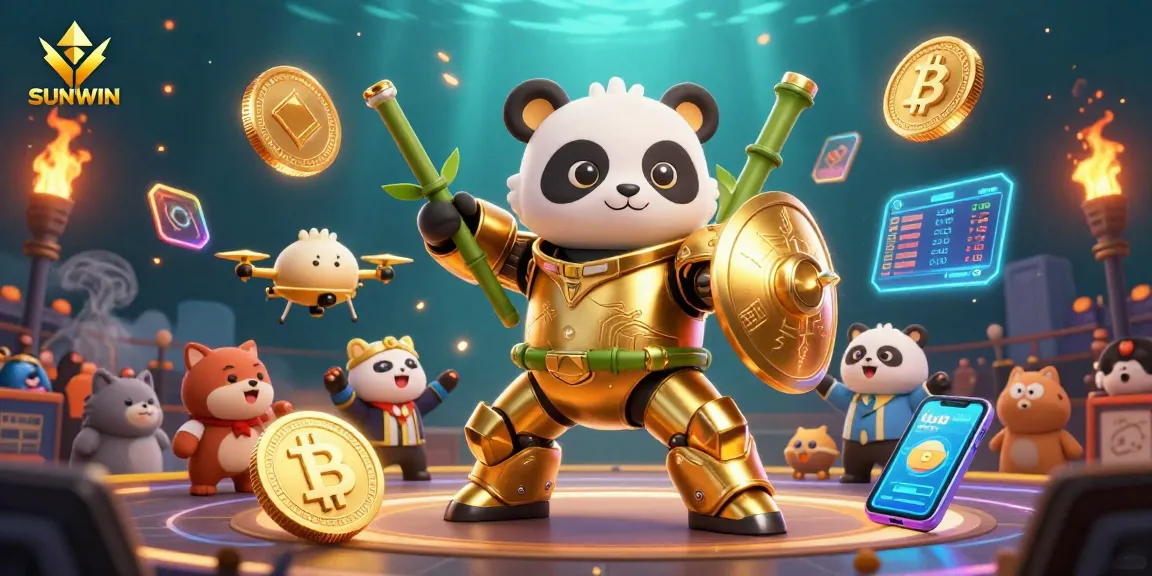 SUNWIN showcases a dynamic 3D casino scene with a golden panda mech battling in a vibrant arena.