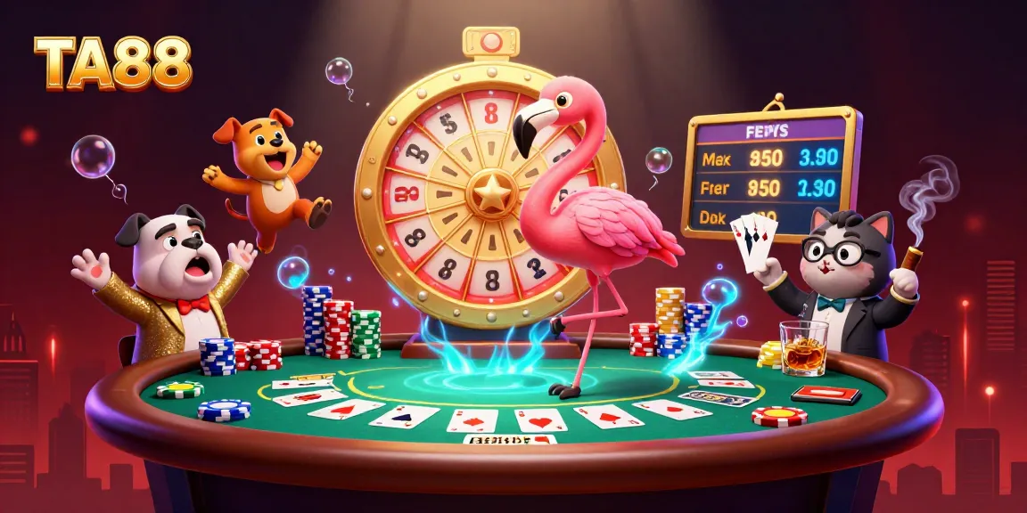 Engage with TA88's exciting casino scene featuring a flamingo host and bulldog contestant.
