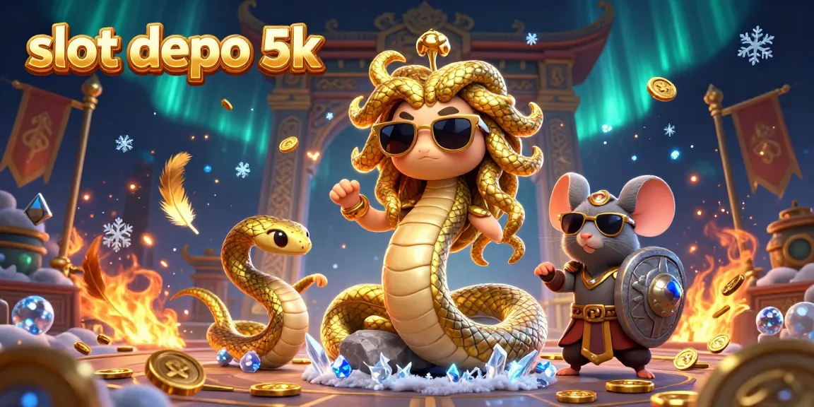 Spin the reels and win big with slot depo 5k in this vibrant casino scene featuring Medusa and a warrior mouse.