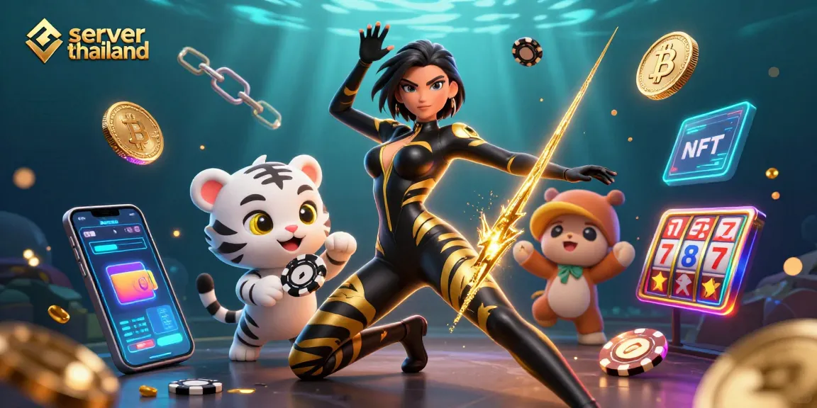 Engage with slots at server thailand featuring a stunning woman in a black catsuit amidst glowing Bitcoin and Ethereum coins.