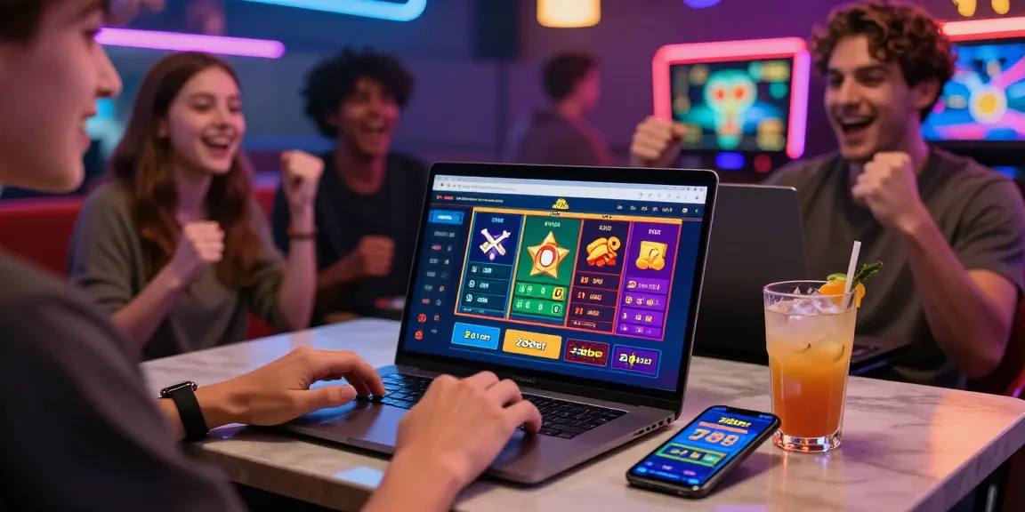 Casino player using 28bet on laptop with vibrant graphics in a lively gaming lounge.