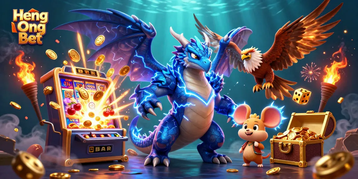 Experience thrilling gaming with Heng Ong Bet's 3D lightning dragon, vibrant slot machines, and glowing treasures.