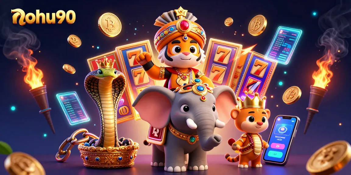 Nohu90 slots jackpot scene with a maharaja tiger and elephant, showcasing a vibrant casino atmosphere.