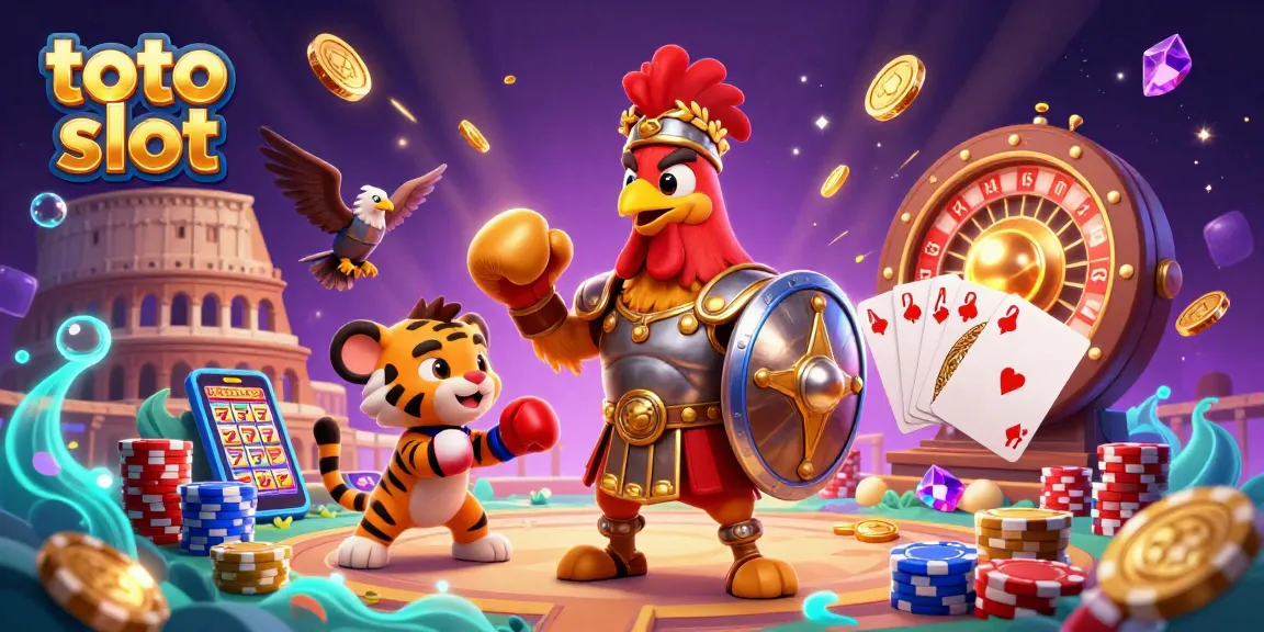Toto slot action featuring a gladiator rooster in armor amidst flying coins and slot game elements.
